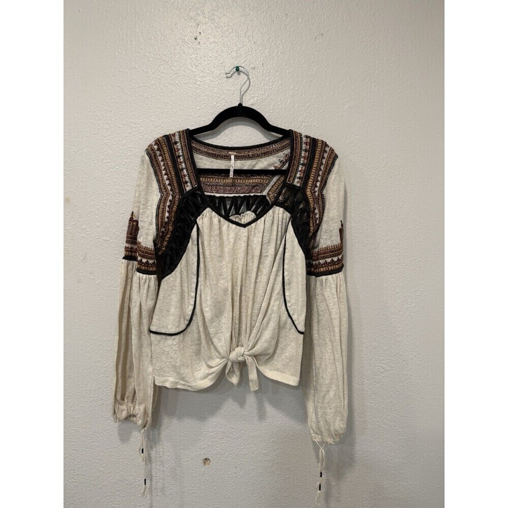 Free People Embroidered Bell Sleeve Slit Back Snow Kisses Size Medium Beige